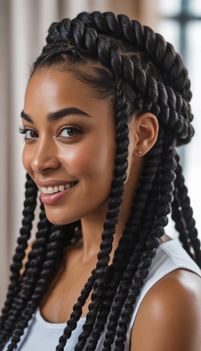 Close-up of a Black woman smiling with a French braid hairstyle that includes twists.
